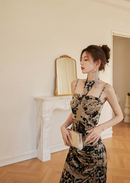 DOLLY Elegant Sleeveless Halter Neck Pleated Slim Fit Long Sexy Birthday Dress-BELLA