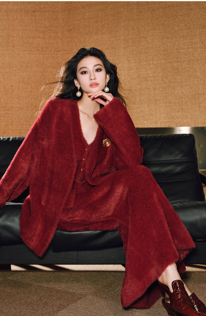 WANGXO | Ultimate Fluffy Mink Hair Texture  Lazy Soft Cardigan, Matching Vest & Elegant Fishtail Skirt Set-  KIMI ?