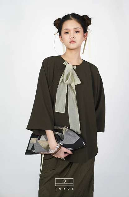 TUYUE Chinese Diagonal Buckle Ribbon Morning Robe Cropped Sleeve Top- KATARA