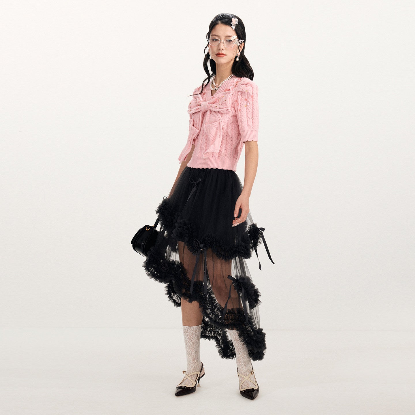 FAME Black Bow Lace Layered Mesh Cake Skirt - ARIANNA.