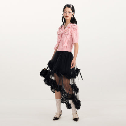 FAME Black Bow Lace Layered Mesh Cake Skirt - ARIANNA.