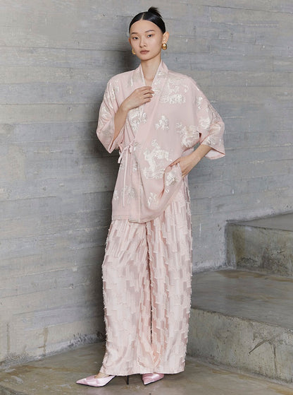 HECO jacquard loose thin wide-leg high waisted black pink apricot PANTS women - PURPOSE.