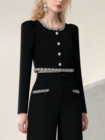 CHECOCRE celebrity style suit fashion diamond chain top high-waisted straight-leg pants - ECHO.