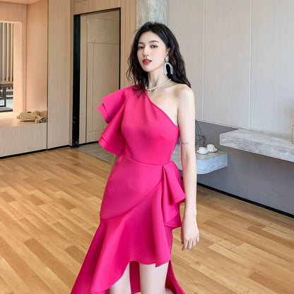 DOLLY Elegant Slant Collar Ruffle Sleeve Slim Fit Midi Irregular Skirt Party Dress-GANGA