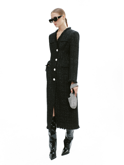 YES BY YESIR Extra-long V-Neck Tweed Coat Dress - COLE.