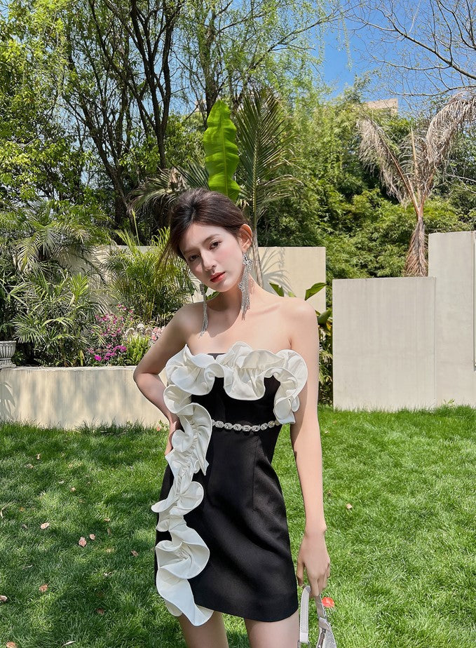 DOLLY Elegant Black Off Shoulder White Ruffle Tube Top Short Date Dress-JAJA