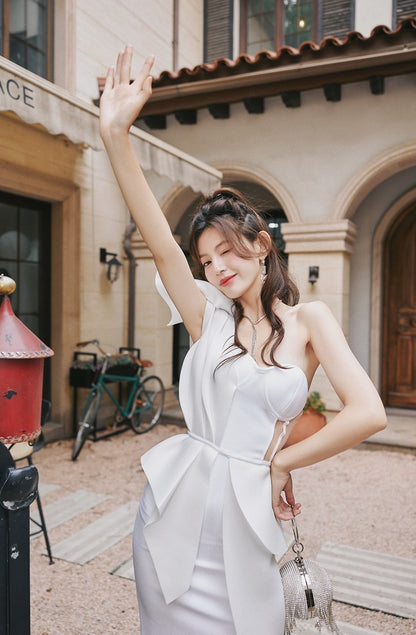 DOLLY Elegant Ruffled Off Shoulder Hollow Waist Irregular Hem Dinner Dress-NINA