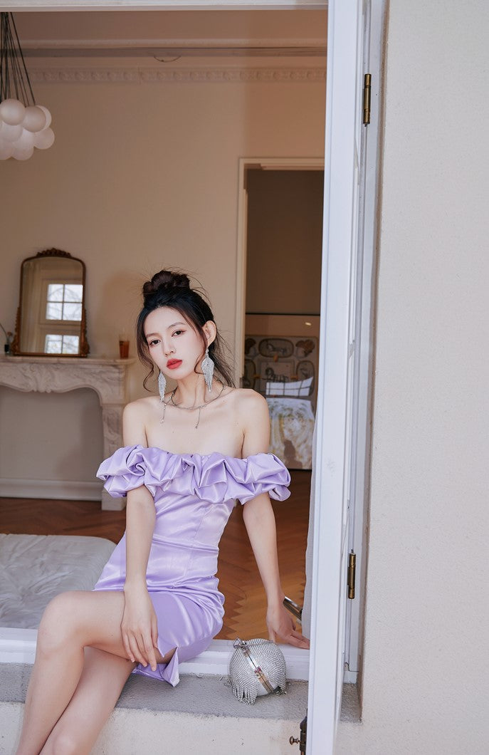 DOLLY Elegant Satin Ruffled Off Shoulder Tube Top Sim Fit Date Dress-AINSELY
