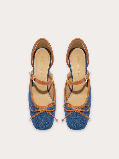 Lily Wei [Denim Style] French Blue Straight Bow Heels, Hollow Sandals- CAMILLE