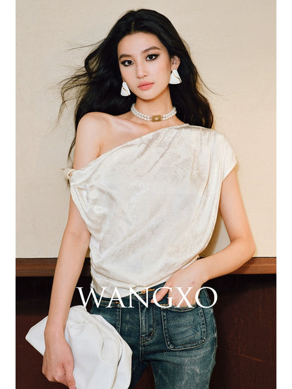 WANGXO Heavy Work Glossy Satin Hand-Pinched Pleats Slanted Shoulders Twisted Top - CERYS