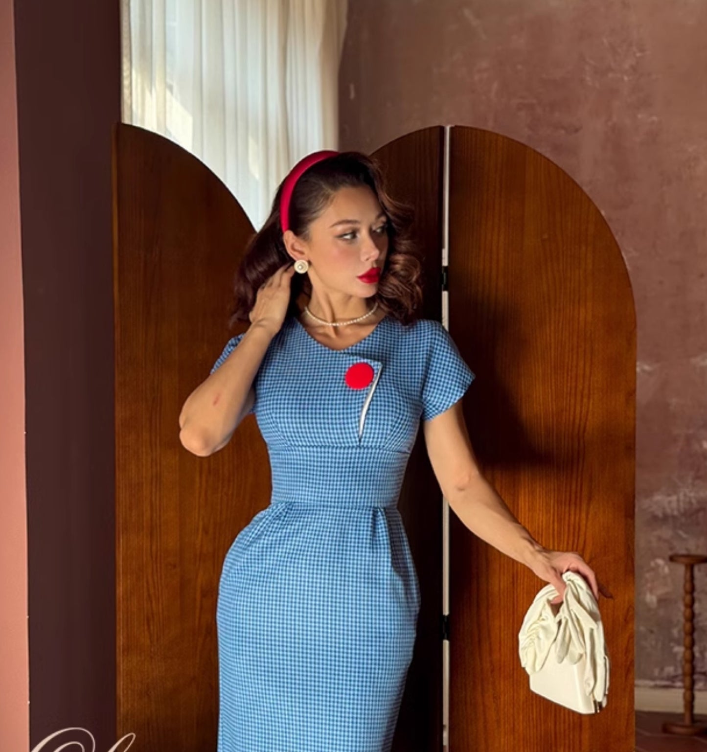 Le Palais Vintage Classic Red and Blue Contrasting Small Plaid Dress-RINDOU.