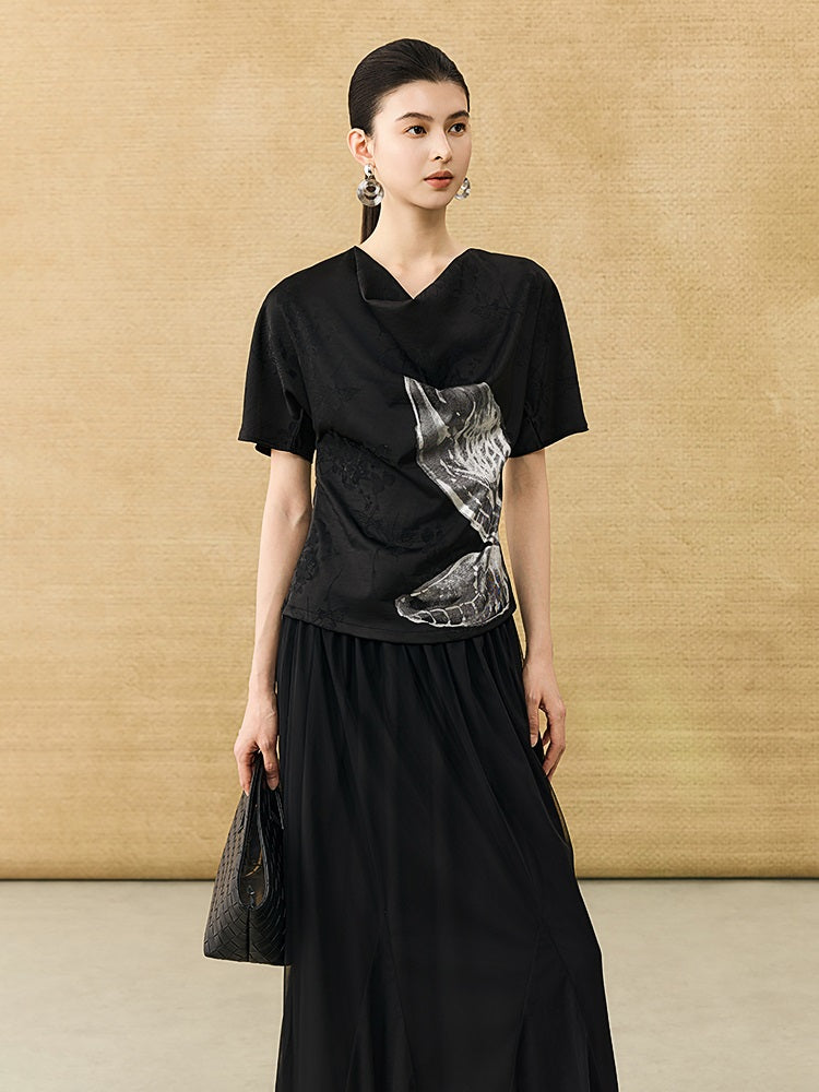 HECO Chinese Art Butterfly Print Swing Neck T-Shirt Waist Slim Top - CONJOR .