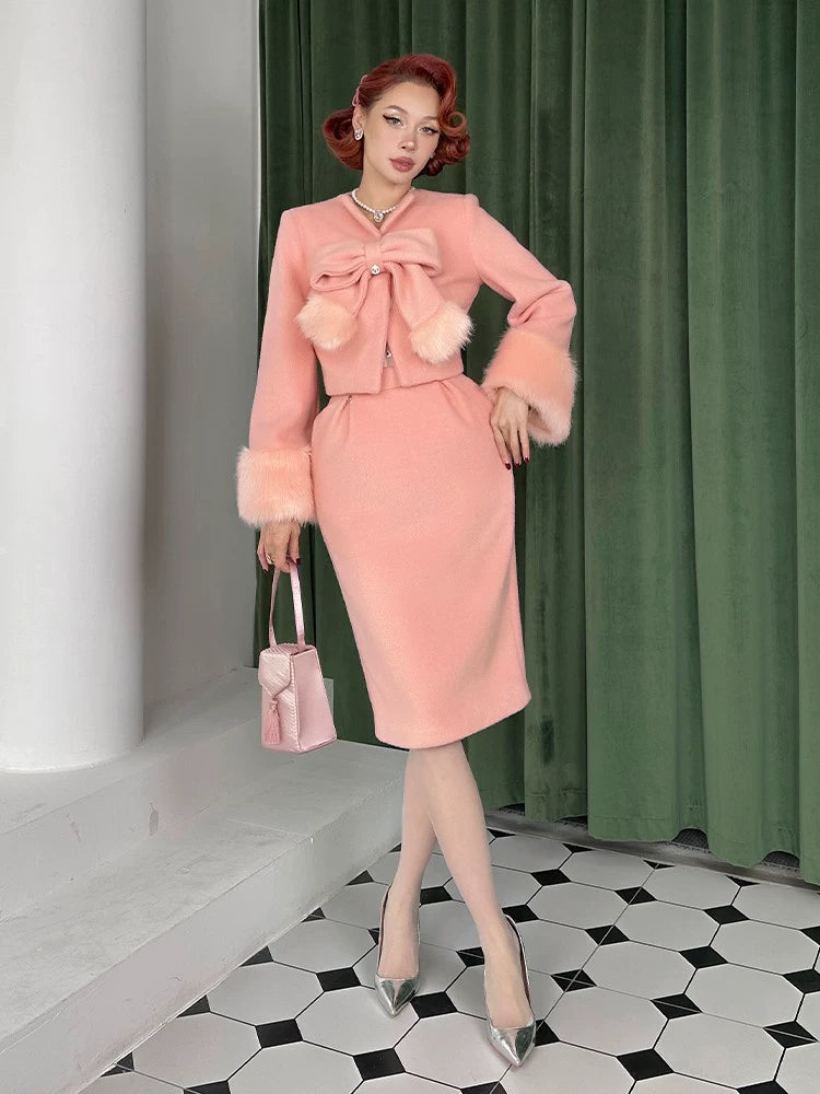 Le Palais  Peach Pie Slim Coat + Skirt Peach Pink Suit-PALM
