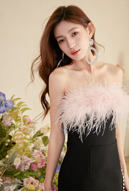 DOLLY Luxury Black Sleeveless Pink Feather Tube Top Short Slim Fit Birthday Dress-IRISA
