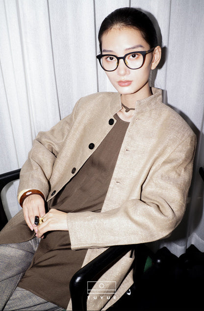TUYUE Chinese style stand-up collar flap jacket linen casual suit- ARIANA.