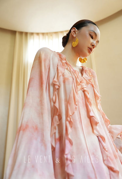 LE VENT& TES AILES Spring summer elegant multicolor silk smudged floral shirt skirt-ENE