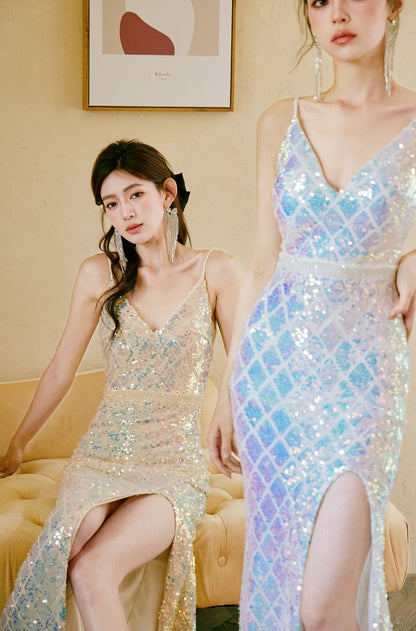 DOLLY High End Sleeveless V-Neck Sequin Long Slim Fit Slit Banquet Dress-ERICA