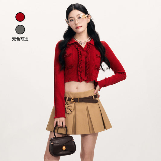 FAME bow long-sleeved knitted cardigan red sweater - ALANNA