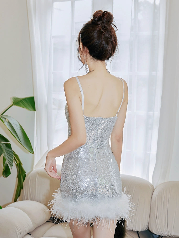 DOLLY Luxury Sliver Sleeveless Sequin Feather Suspender Slim Fit Party Dress-AADHIRA