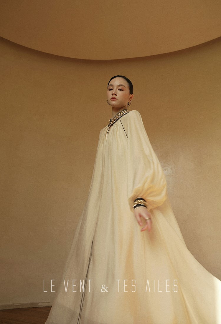 LE VENT&TES AILES retro Crystal embellished Premium Silhouette Tencel Beaded vacation Dress-YUTA