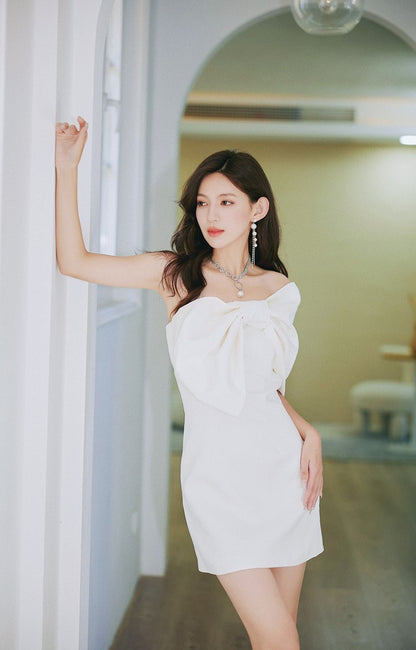 DOLLY Elegant Big Bow One Shoulder Short Sleeve High waist Short Dinner Dress-NIKITA