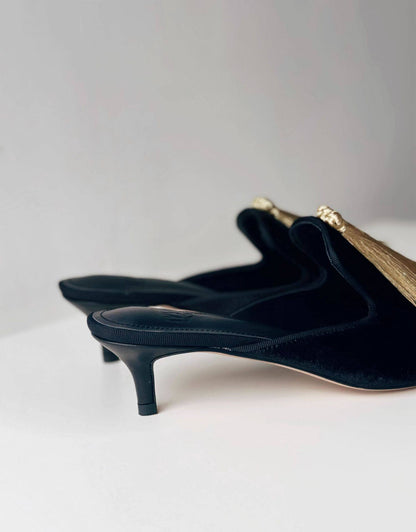 B-FEI Chinese black and gold kitten heels women's mules-TIKAI.