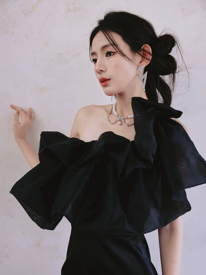 DOLLY Luxury Black Off Shoulder Slim Fit Short Ruffle Dinner Dress-MABEL