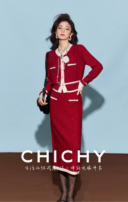 CHICHY classic red knitted cardigan half-length skirt two-piece set-BEN