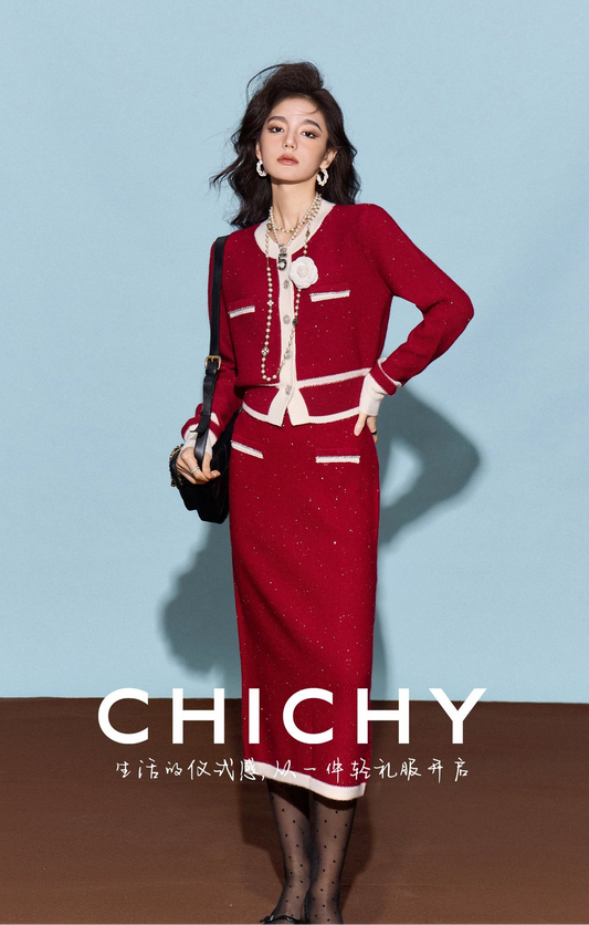 CHICHY classic red knitted cardigan half-length skirt two-piece set-BEN