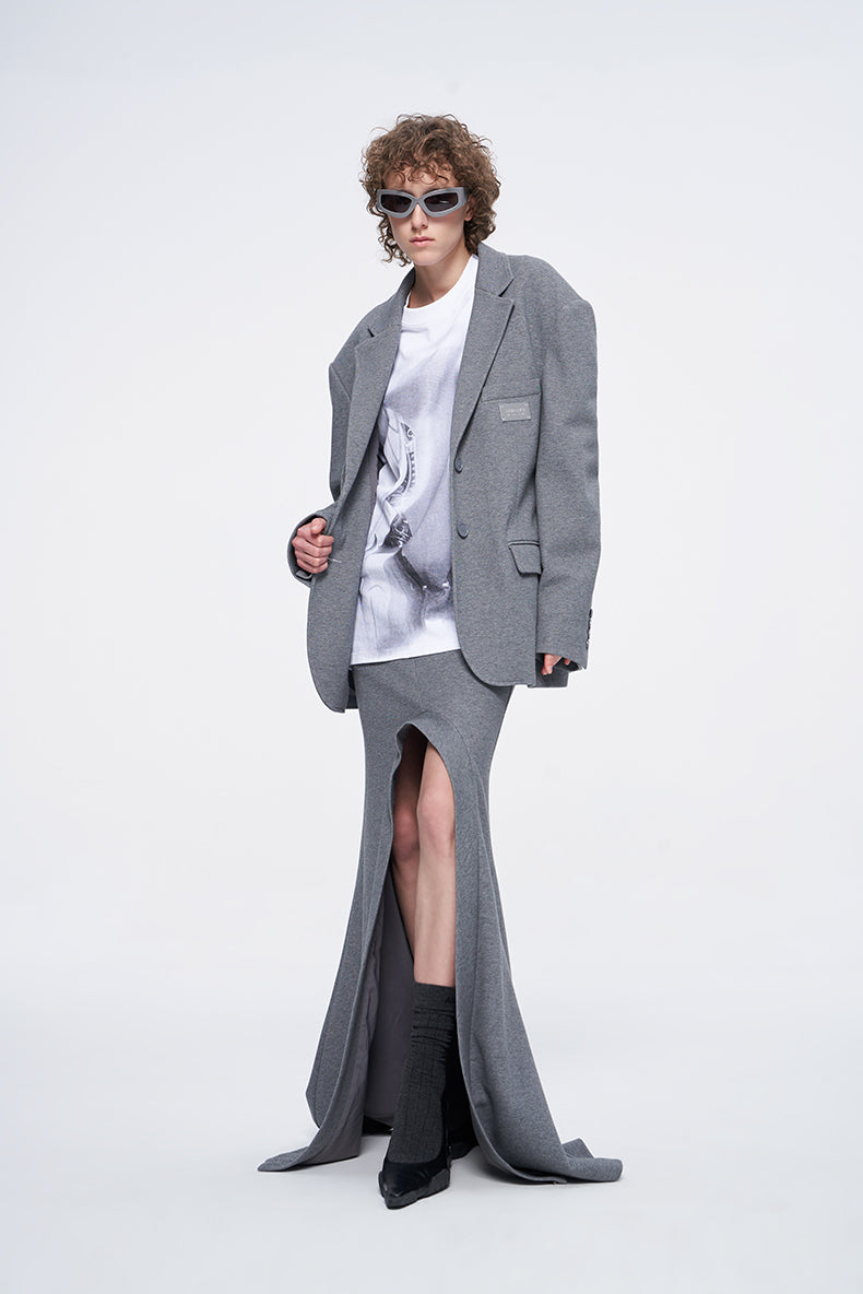 ANNAKIKI Designer Curved Casual Sweat Slit Maxi Skirt-FUKU