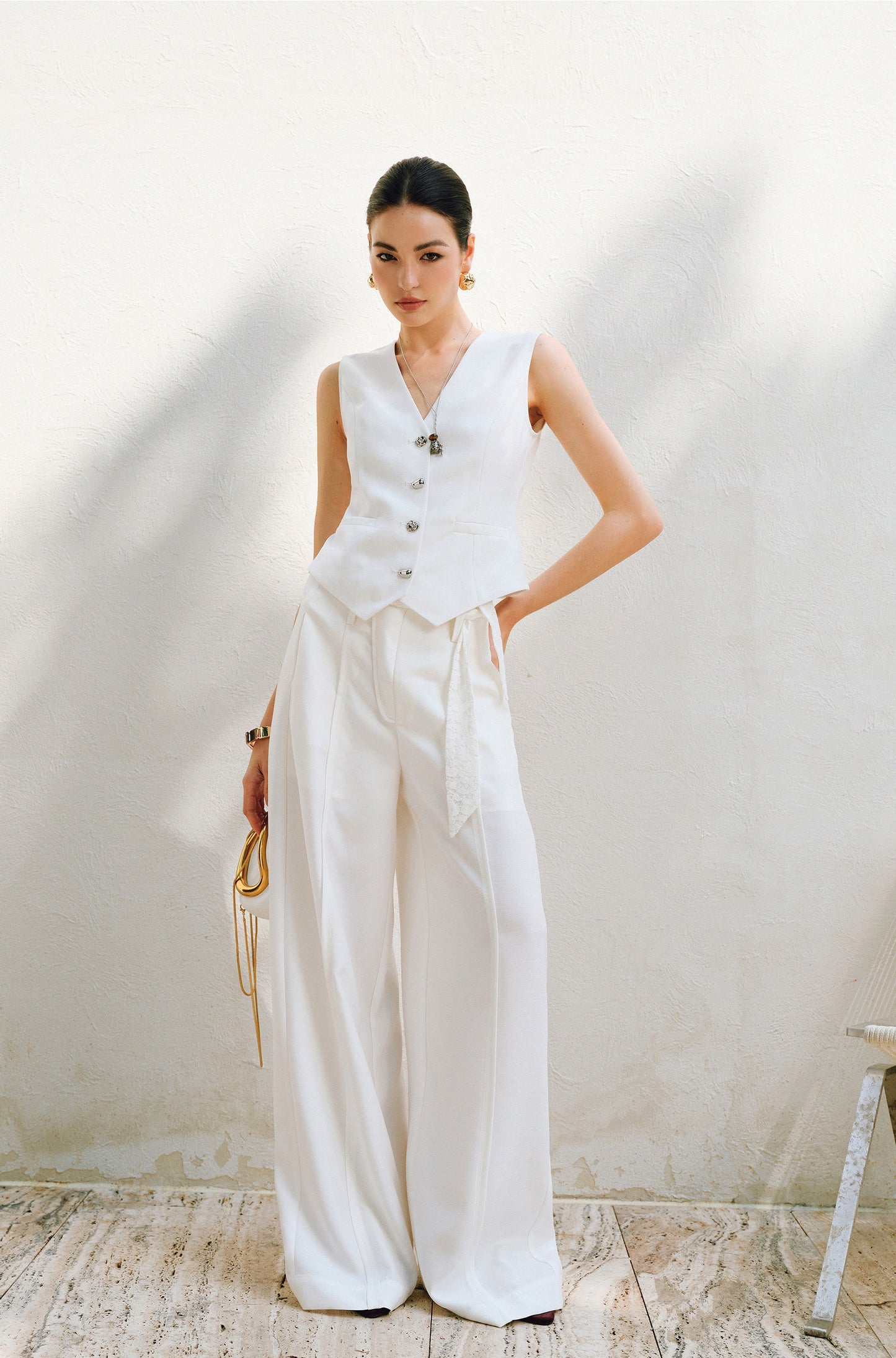 WANGXO |V-Neck Vest & Belted Straight Pants Intellectual Suit Set -NÉRA
