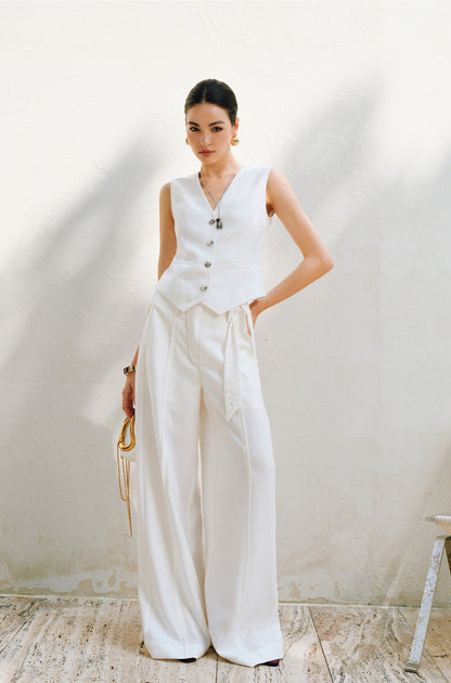 WANGXO |V-Neck Vest & Belted Straight Pants Intellectual Suit Set -NÉRA
