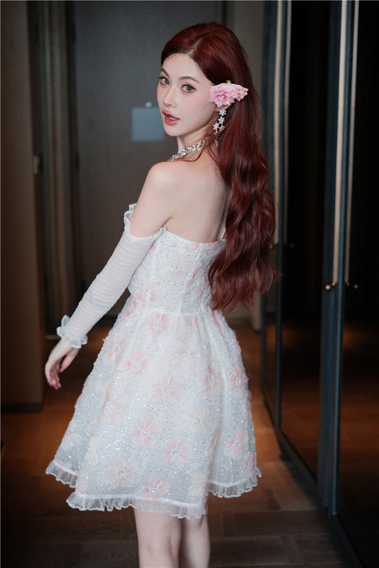 Wardrobes by Chen Elegant Pink Halter Long Sleeve Flower Dinner bridal Dress-Gika