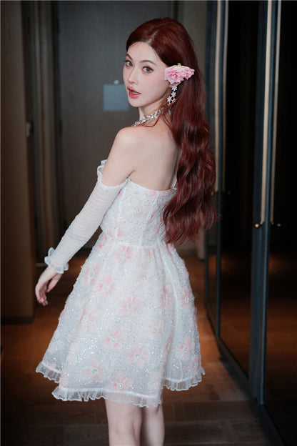 Wardrobes by Chen Elegant Pink Halter Long Sleeve Flower Dinner bridal Dress-Gika