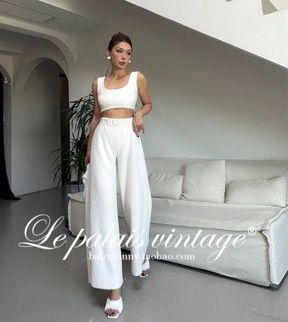 Le Palais Vintage Luxury White Fur Hand bag Plush Vest High Waist Wide-leg Pants Suit-Sonia