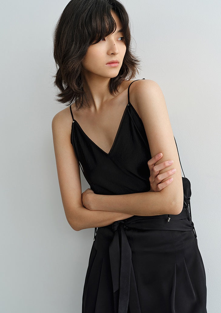 COMME MOI Lv Yan Designer Summer Women's Patchwork Satin V-Neck Sling - LEINANI.