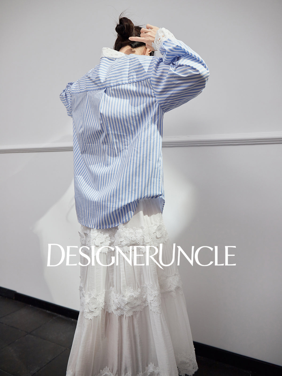 DGU|Blue Striped New Lace Stitching French Elegant Design Top - DREW.