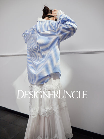DGU|Blue Striped New Lace Stitching French Elegant Design Top - DREW.