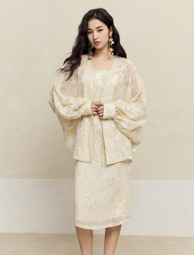 HECO Chiffon Bat Sleeve Dress Two-Piece Set for Women - clay.