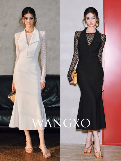 WANGXO | Two-Piece Patchwork Lace Elegant Halterneck Fishtail Dress -LINA.