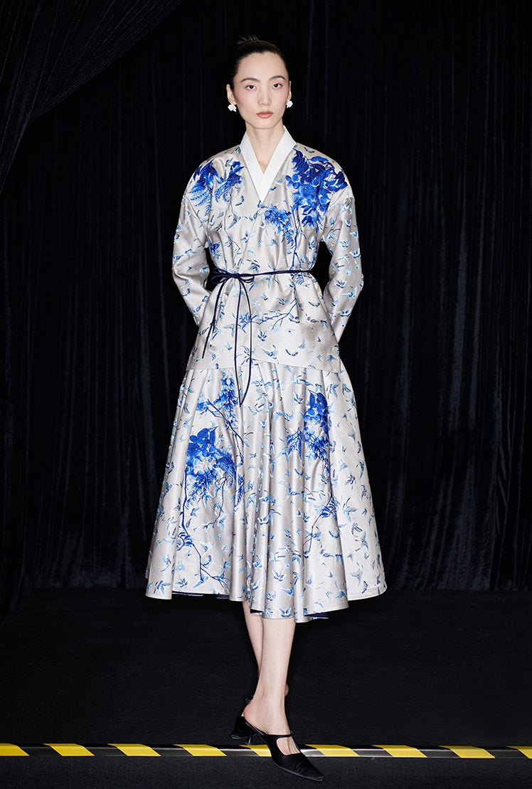 M essential Mackay designer butterfly dance jacquard blue vine and butterfly coat - WEST.
