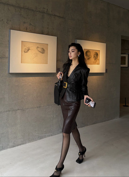 MEI SANGUAN Black Retro Waist V-Neck Leather Jacket - HANNAH