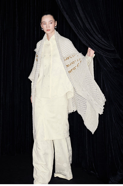 M essential Mackay designer Jin Rao knitted twisted beaded style cape - stat.