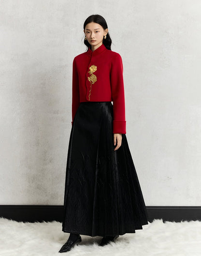 HECO 100% wool Embroidery Red black Short Double-Sided Tweed Jacket Women - out.