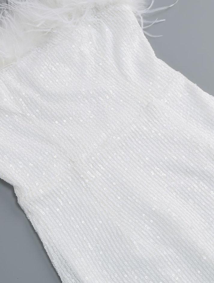 DOLLY White Feather Tube Top Sequin Slim Fit Long Dress-STEPH