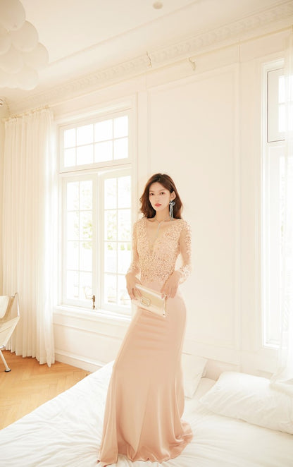 DOLLY Elegant Deep V-Neck Long Sleeve High Waist Long Embroidery Dress-KATYA