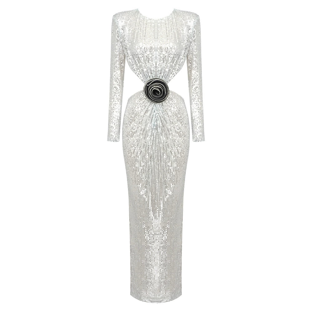 DOLLY Elegant Crew Neck Long Sleeve Slim Fit Sequin Long Evening Dress-IIANA