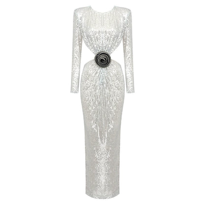 DOLLY Elegant Crew Neck Long Sleeve Slim Fit Sequin Long Evening Dress-IIANA