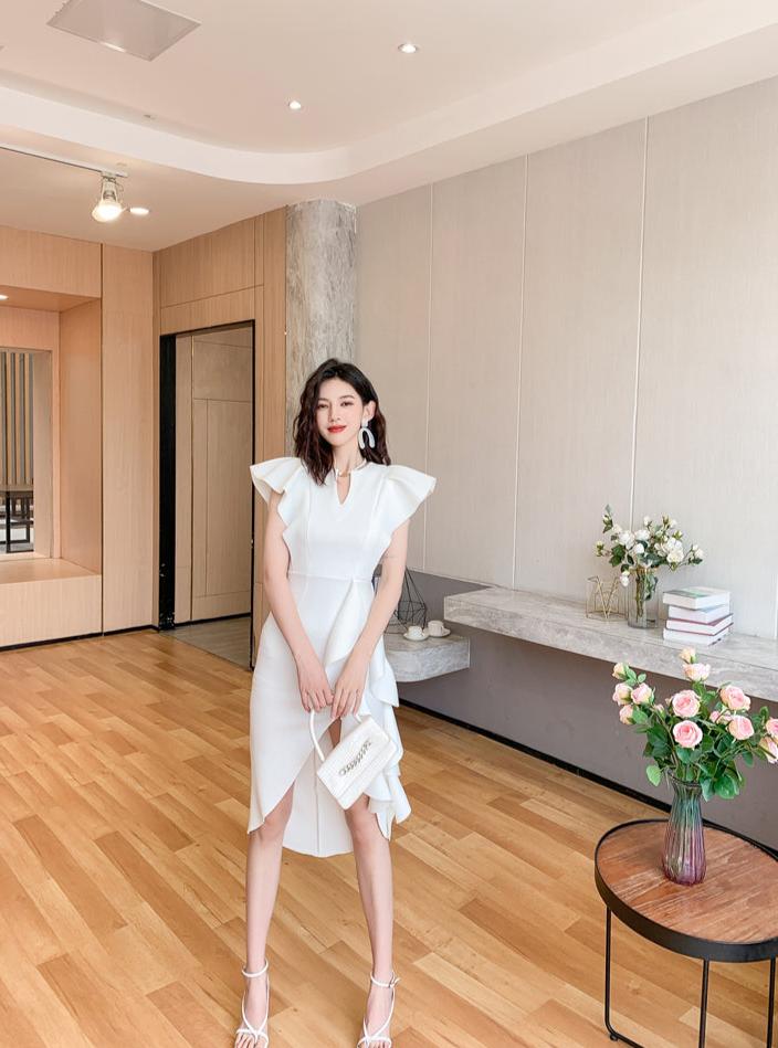 DOLLY Luxury V-Neck Short Sleeve High waist Slim Fit Irregular Hem Date Dress-LISA