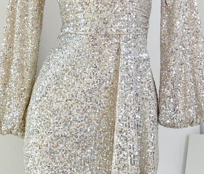 DOLLY Luxury Bright Sequin V-Neck Long Sleeve Short Irregular Hem Dress-WILLOW